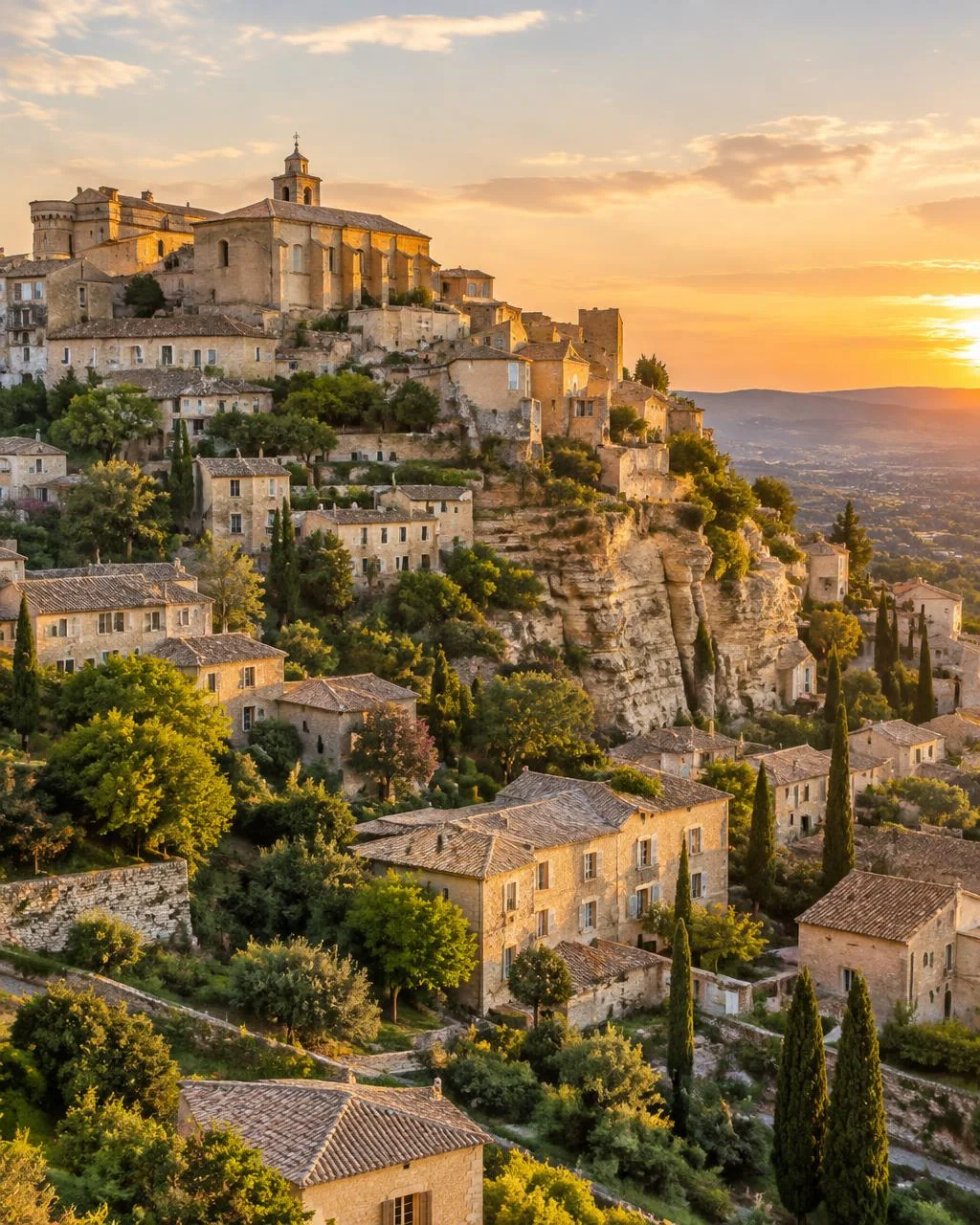 Hilltop village in Provence glowing at golden-hour sunset