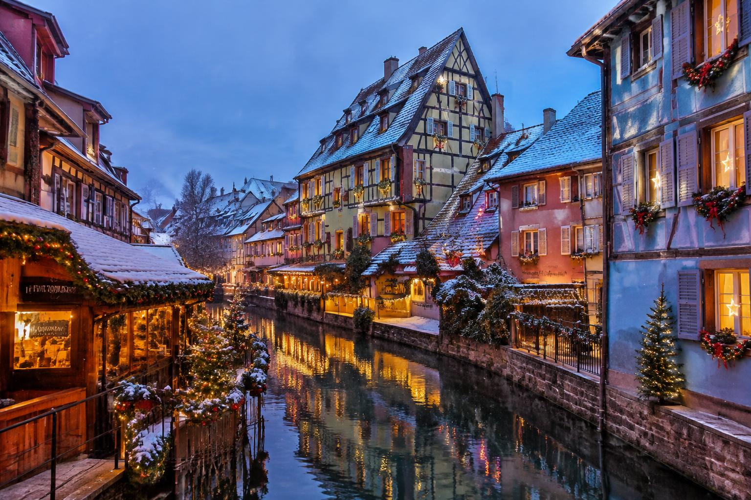 Snow-dusted half-timbered houses decorated for Christmas along a canal in Colmar, Alsace