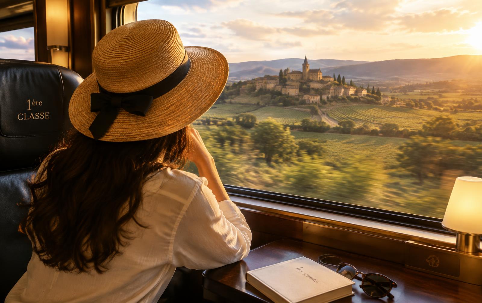 Traveler in a straw hat gazing from a first-class train window at a Provence hilltop village at sunset