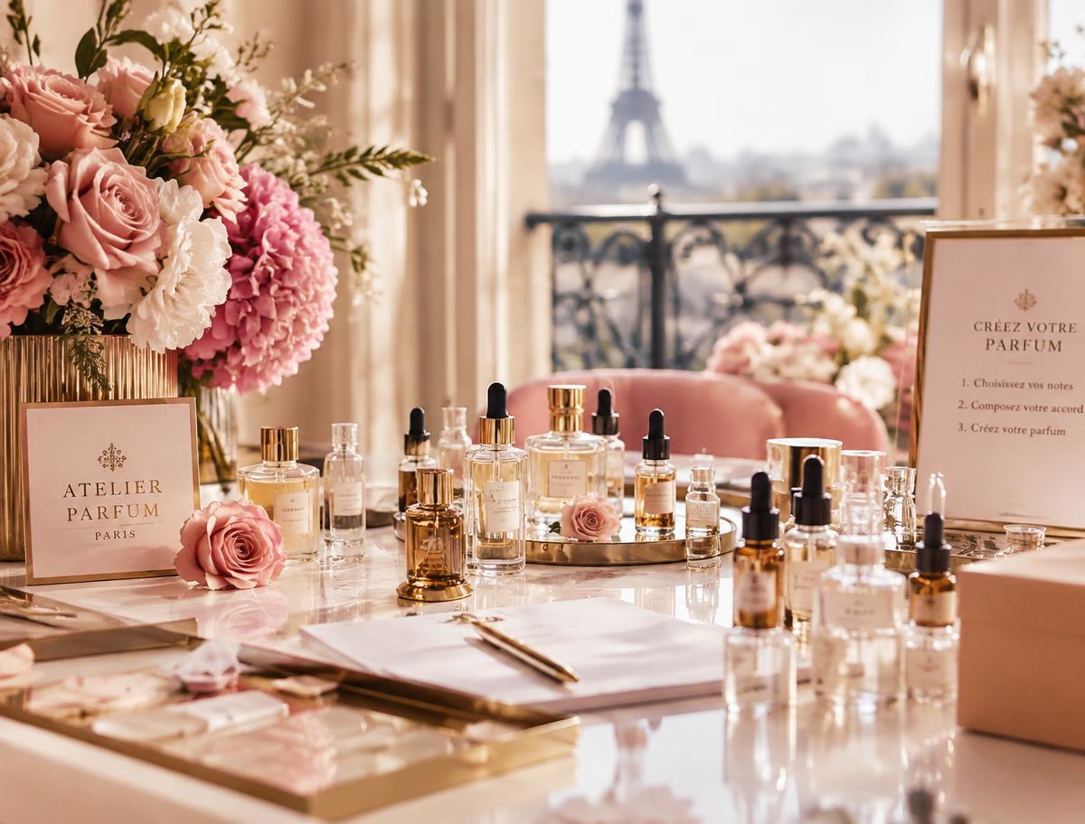 Perfume atelier table in Paris with fragrance bottles, roses and an Eiffel Tower view