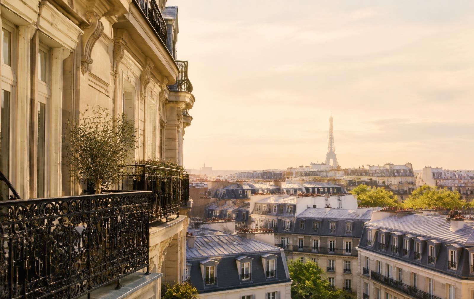 Haussmann balconies overlooking Paris rooftops and the Eiffel Tower at golden hour