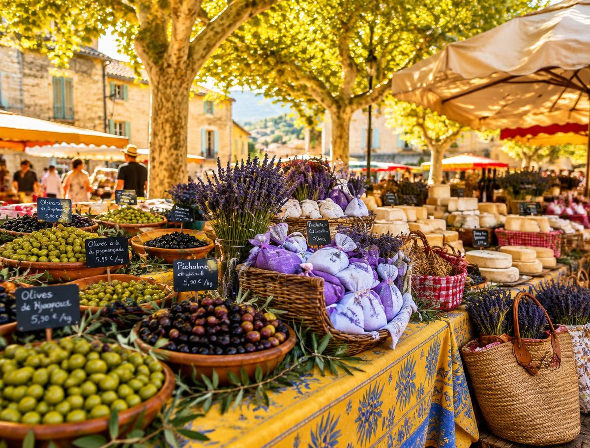 Provençal market stall with olives, lavender sachets and cheeses under plane trees