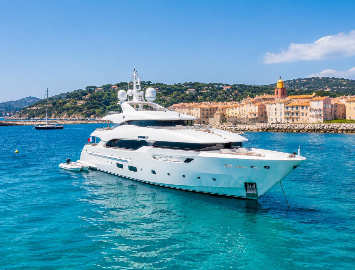Luxury yacht anchored in turquoise water off the harbor of Saint-Tropez