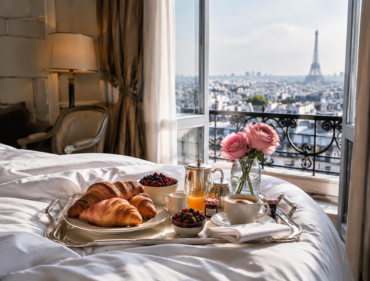 Breakfast in bed with croissants and roses in a luxury Paris hotel overlooking the Eiffel Tower