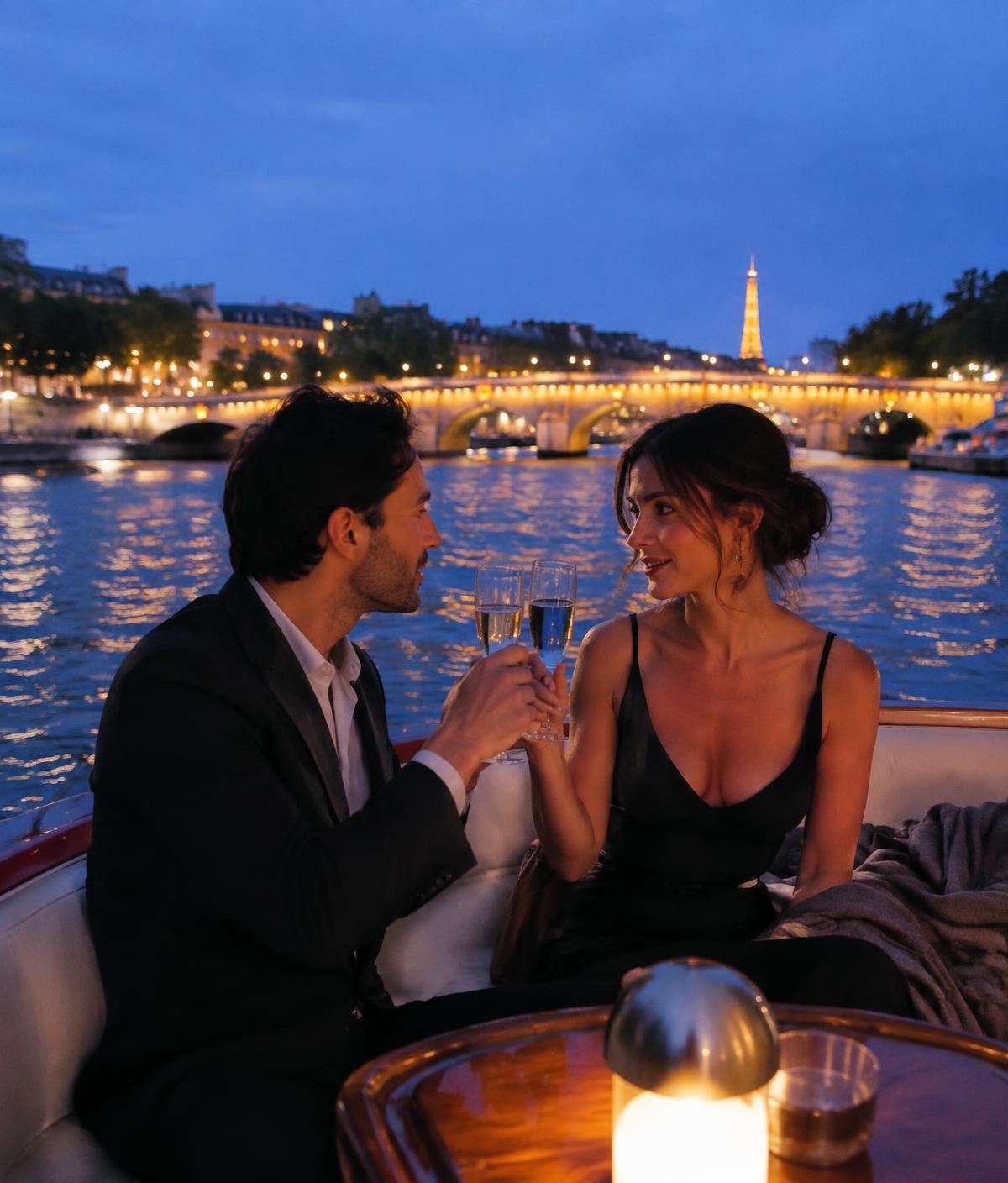 Couple toasting Champagne on a private boat on the Seine at night