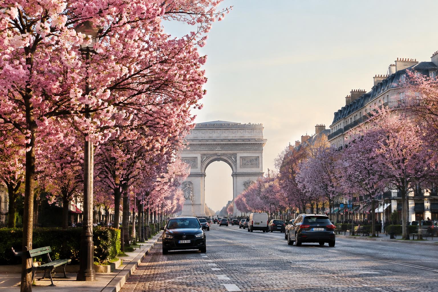 Cherry blossoms in bloom along the Champs-Élysées toward the Arc de Triomphe in spring