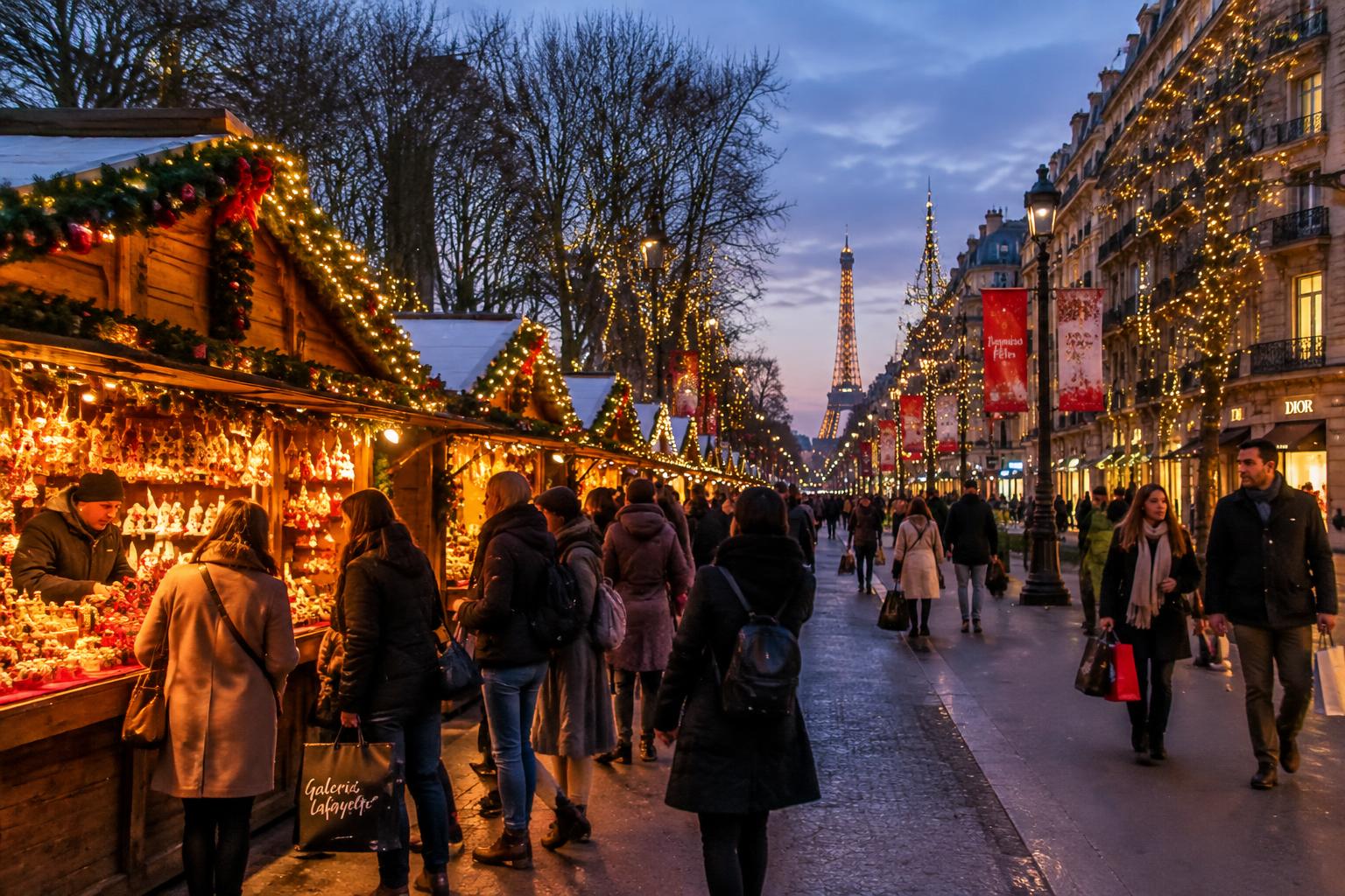 Shoppers at a glowing Paris Christmas market with the Eiffel Tower in the distance