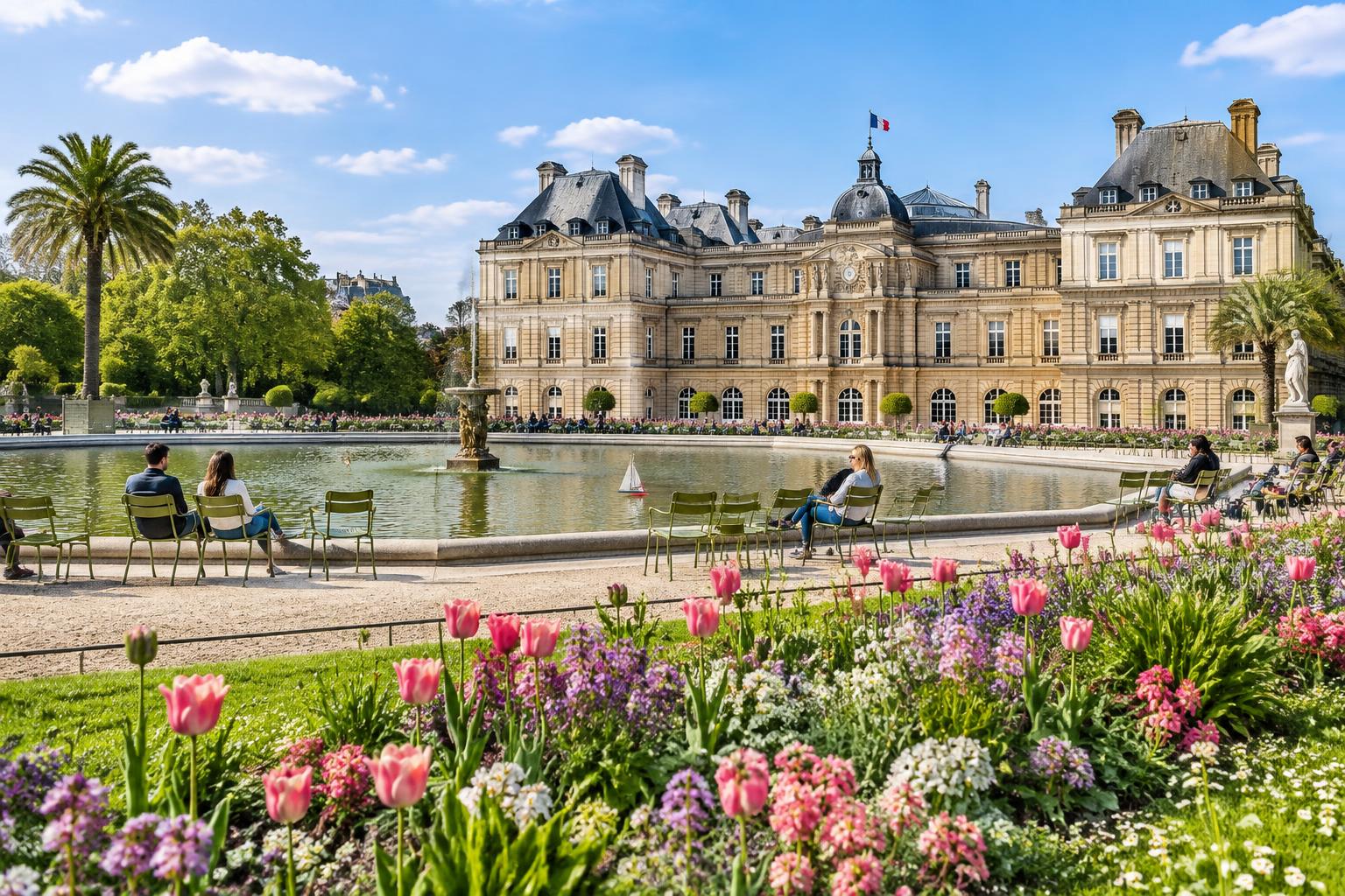 Spring tulips and the fountain basin before the Luxembourg Palace in the Luxembourg Gardens, Paris