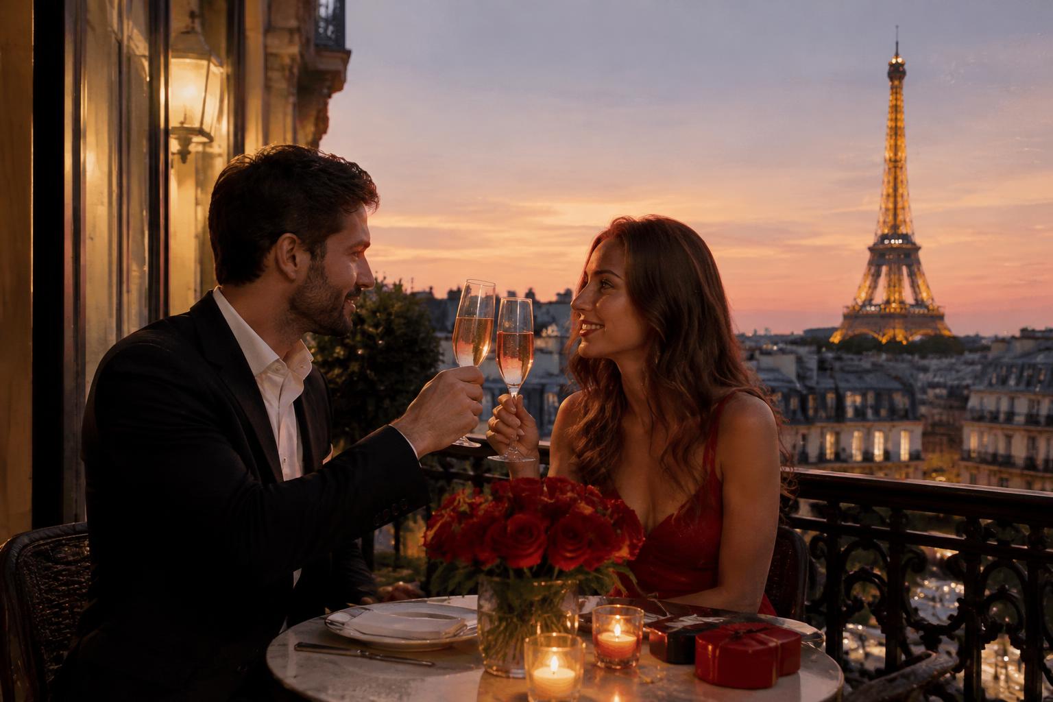 Couple toasting Champagne on a Paris balcony at dusk on Valentine’s Day with the Eiffel Tower beyond
