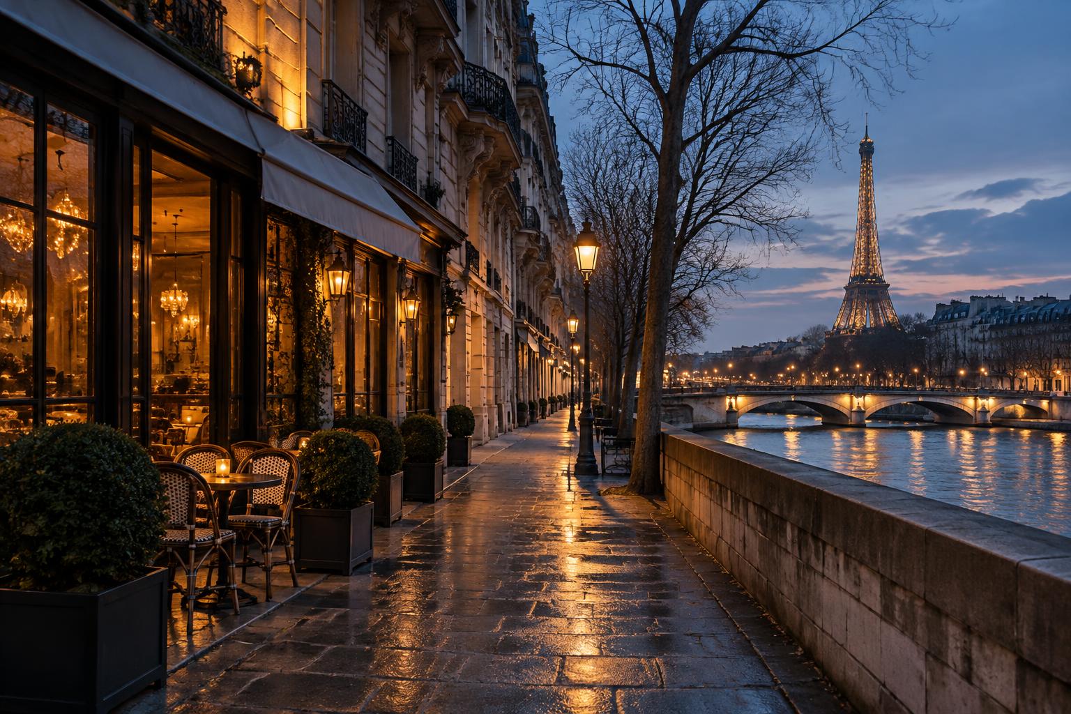 Paris cafés glowing beside the Seine and Eiffel Tower on a quiet winter evening