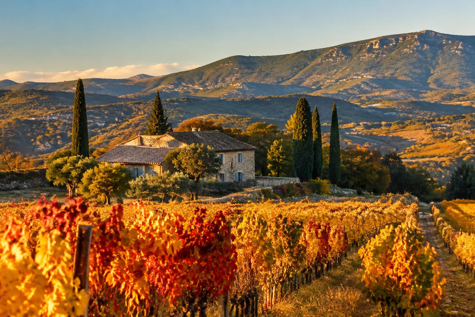 Red and gold autumn vineyards beside a stone farmhouse and cypress trees in Provence