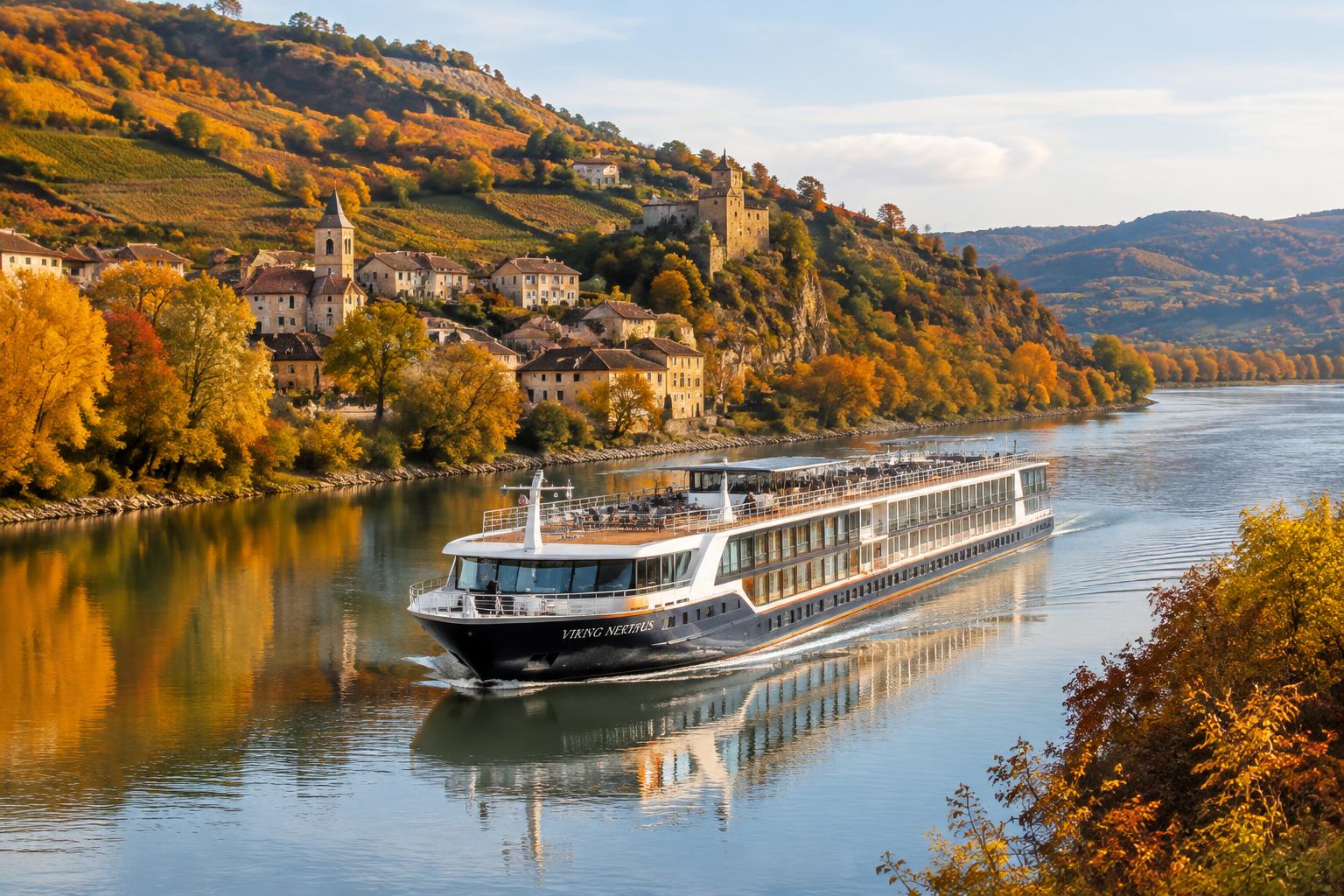 Luxury river cruise ship sailing the Rhône River past autumn vineyards and a hillside village