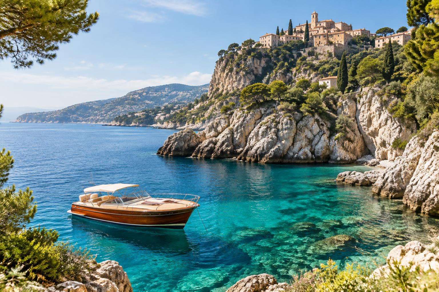 A private wooden boat in a turquoise French Riviera cove below a hilltop village